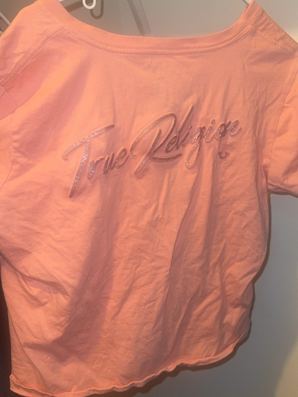 True Religion Peach Pink Short Sleeve Tee with Glitter Script Logo